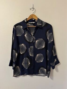 Zara Satin Printed Navy Button Down Blouse | Size XL